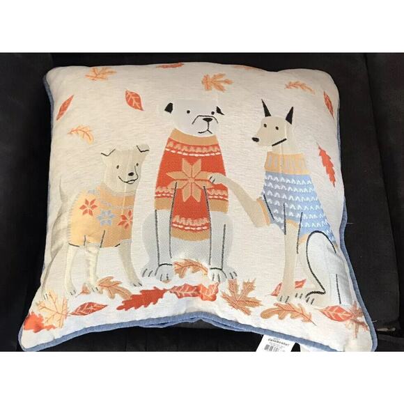 Fall Tapestry Throw Pillow Dogs Leaves Autumn Embroidered Thanksgiving Decor - Picture 1 of 6